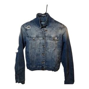 Sneak Peak Denim Distressed Cropped Jean Jacket Blue